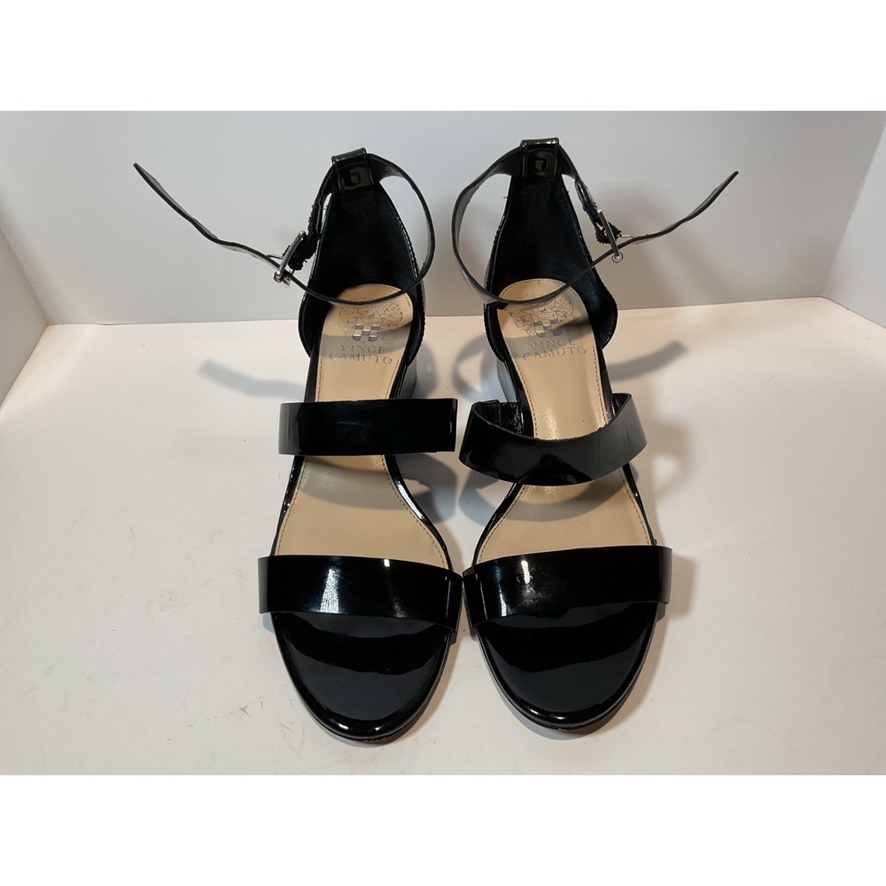 Vince Camuto Black Patent Leather Wedge Sandals Ankle Strap Sz 7.5M